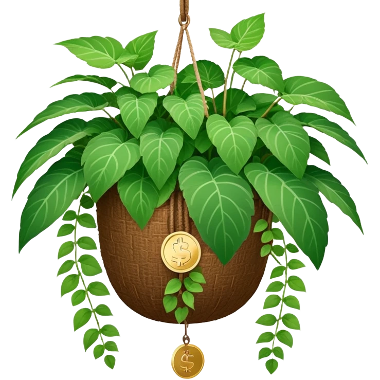 Plectranthus Verticillatus plant with perfectly circular coin-shaped green leaves in a coconut fiber hanging basket emoji