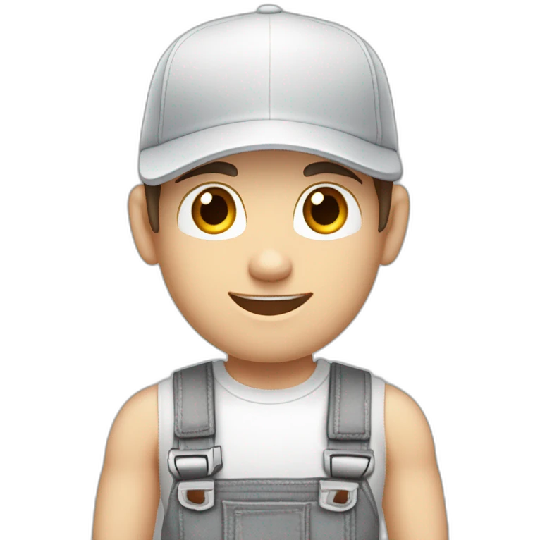 Pale skinned fit Man with dark brown hair in a white cap, gray jeans and gray polo T-shirt keeping a pasted with tape box into his hands emoji