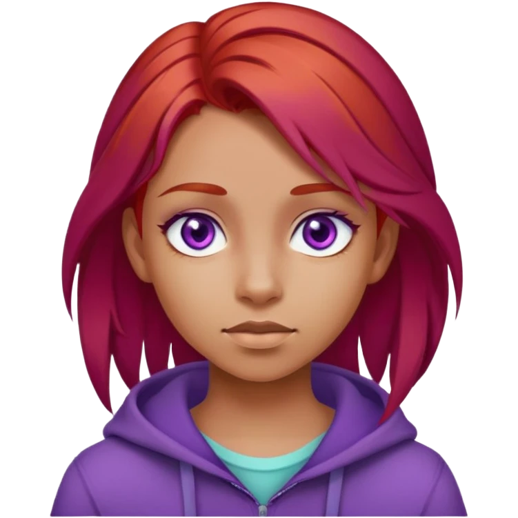 A girl with red hair, purple eyes, and a wheatish complexion looks like a teenager. emoji