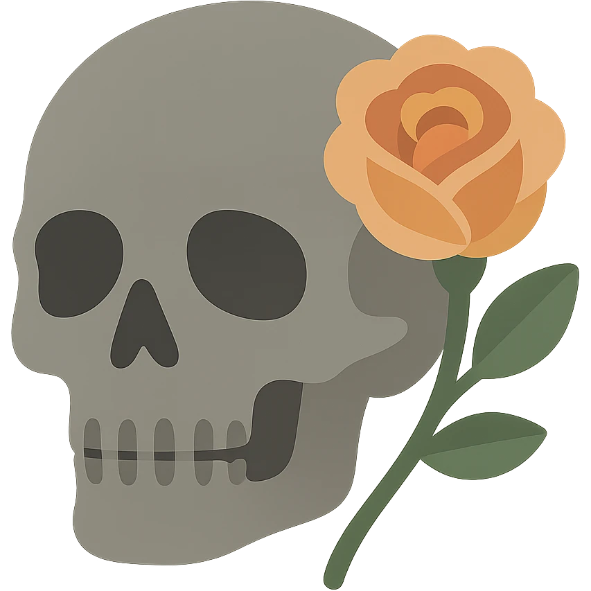 A dark, light grey skull with sharp, angular features and a mysterious, haunting aura, featuring a rose delicately placed in one of its hollow eye sockets. The skull is in shades of grey, accented with soft tones of golden orange (FA9B41), forest green (4A7C5C), muted taupe brown (96775A), and pastel peach (FFCC9A). The rose, vibrant in its peach and orange hues, contrasts with the cold, eerie grey of the skull, its petals unfurling gently around the eye socket. The background is dim and shadowy, with a faint, mystical glow illuminating the skull and rose, adding to the gothic and slightly surreal atmosphere. The scene feels both haunting and beautiful, with a touch of elegance. emoji