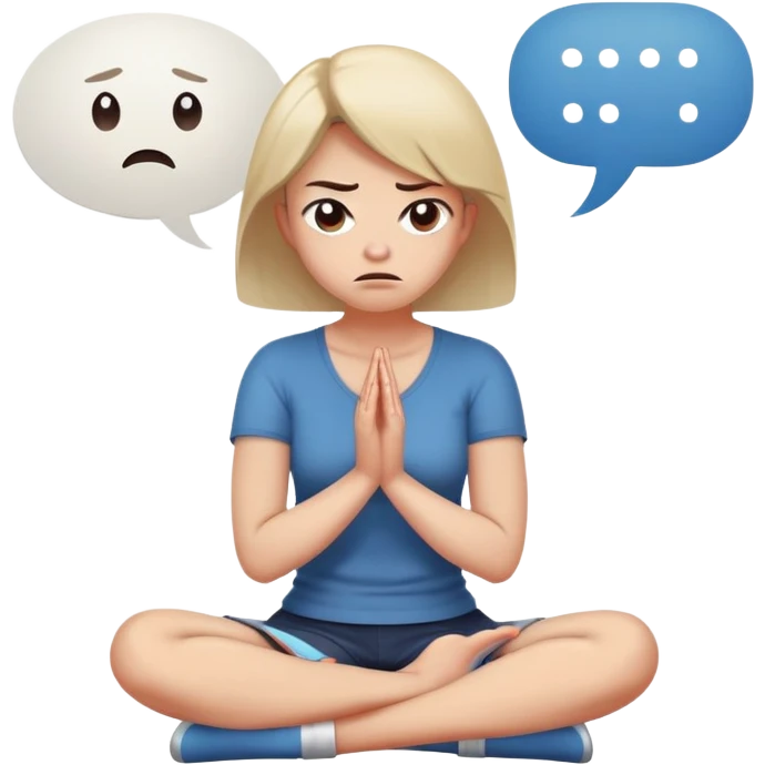 angry woman sitting cross-legged on floor with arms firmly crossed, face turned away, furrowed eyebrows and frowning expression, speech bubble ignored or crossed out nearby, back partially turned to conversation emoji