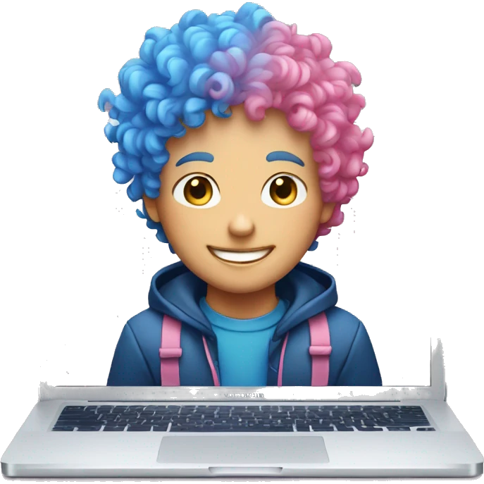 White smiling boy with blue and pink curly hair in front of a Macbook emoji