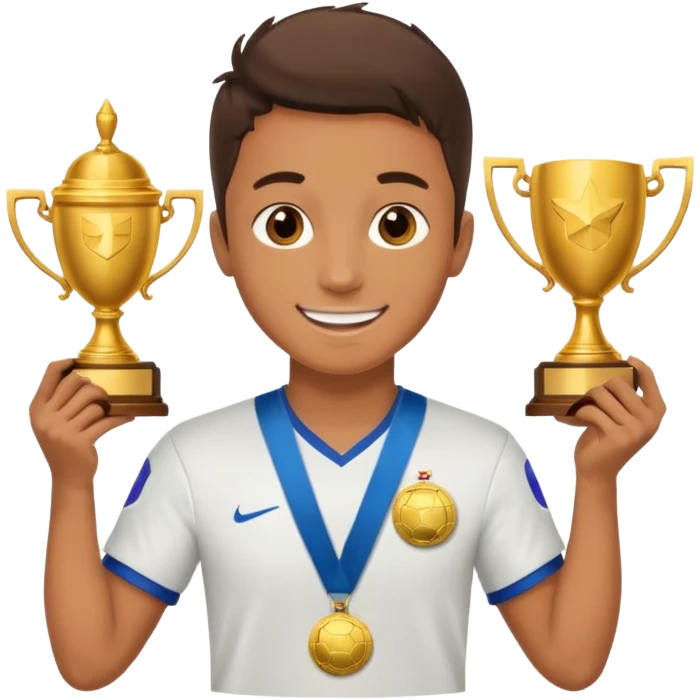 Happy light soccer player with a first-place medal and a trophy
 emoji