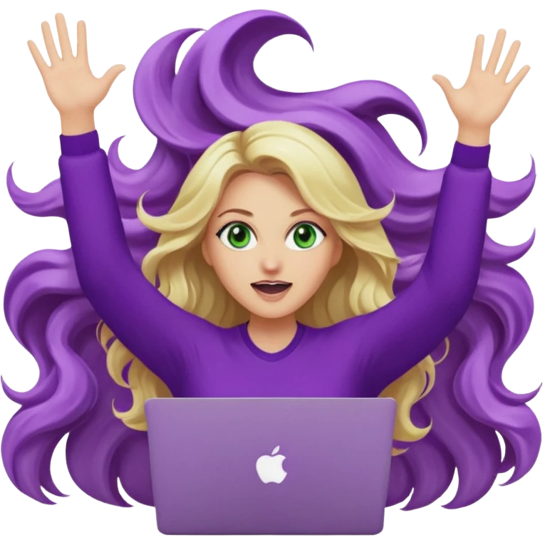 lady with long wavy blonde hair, purple top, green eyes, throwing her with a purple mac laptop hands in the air screaming emoji