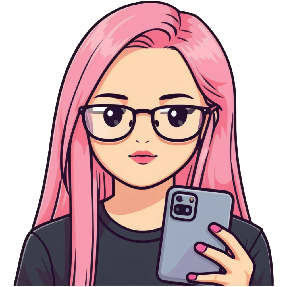Teenage girl taking a selfie in a school bathroom. Long straight blonde hair with pink dye, rectangular glasses, black shirt, neutral expression with slightly glossy lips emoji