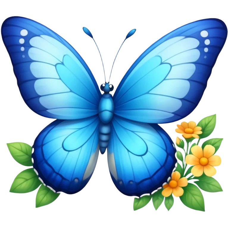 A vibrant blue butterfly with a cute smiling face, fluttering in spring with flowers around emoji