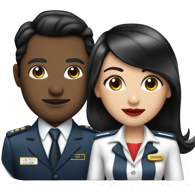 Flight attendant with long black hair, red lips and white skin with a pilot man with black hair emoji