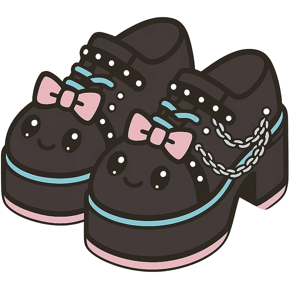 Add silver studs and chains to the primarily black kawaii gothic shoes with pink and pastel accents, no socks, no hearts, transparent background emoji