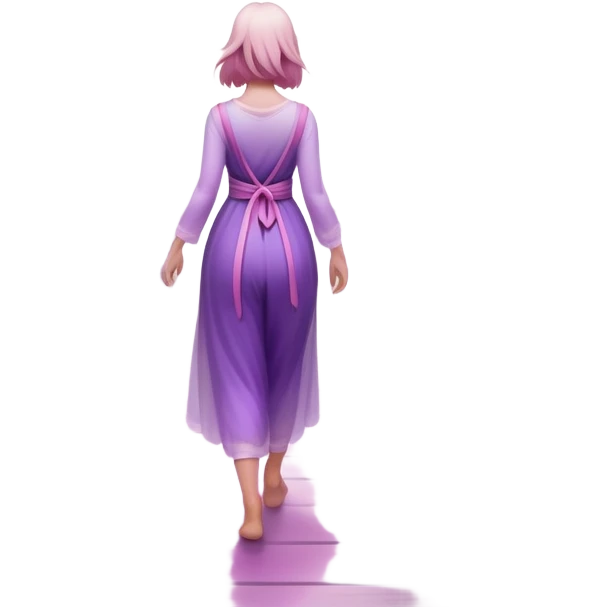 A small figure walks back across a foggy bridge, holding soft pink and purple orbs in each hand—symbolizing compassion and forgiveness. A gentle heart aura trails behind them, showing healing in motion. emoji