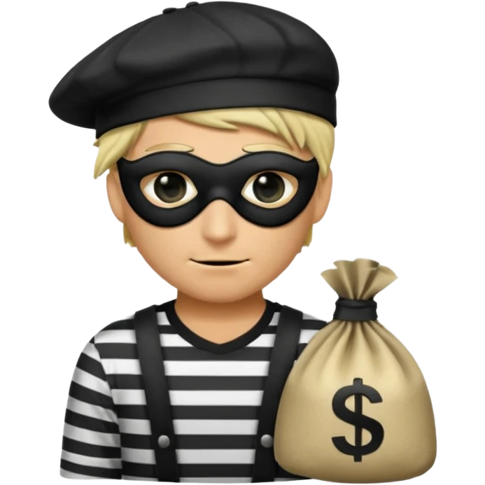 a short ios emoji-style portrait of a classic burglar, a black eye mask and a black-and-white striped shirt. emoji-like hair, black hat, a bag of money 💰 with a dollar sign in a right corner, evil expression  emoji