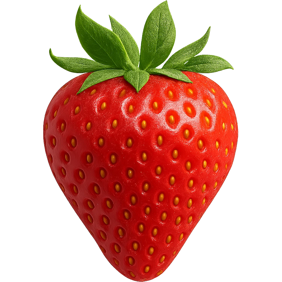 realistic strawberry with seeds and green leaves emoji