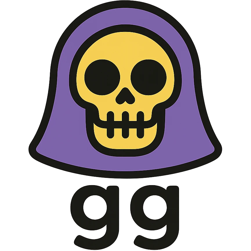 grim reaper head with 'gg' text, color outline icon style, more cartoonish emoji
