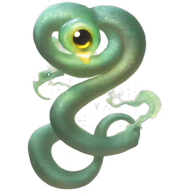 A small, pale, ethereal serpent with a delicate, almost translucent body, coiled around the socket of Messmer's eye, with a subtle, shimmering glow, and very dark emoji