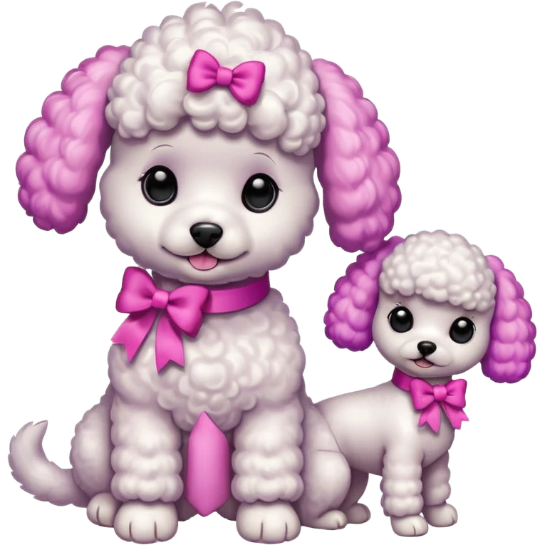 Two white toy poodle–style dogs, fluffy curly fur, round faces, black button eyes. Bright purple ears, hot-pink paws. One taller dog standing upright on hind legs wearing a large pastel pink bow on chest, one smaller round dog sitting. Cute plush emoji style. emoji