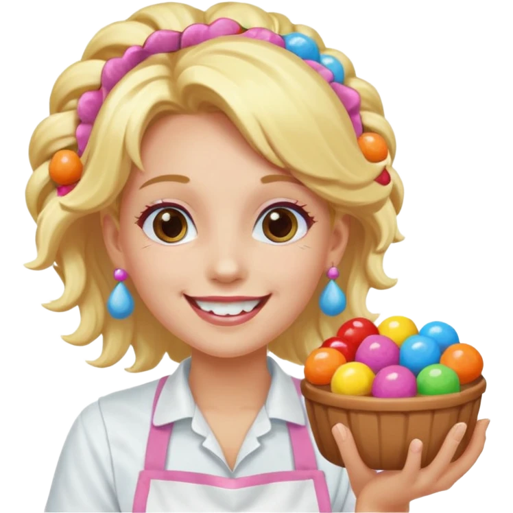 candy shop vendor, looking like candy with candy earrings and candy hair with big smile and blond hair emoji