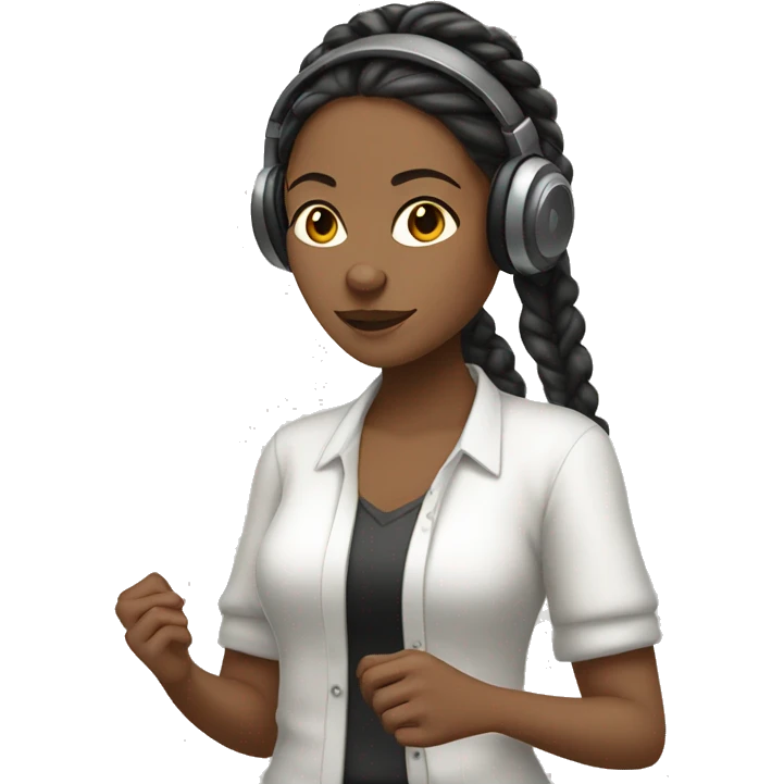 Medium tone women with braids wear a white shirt and cardigan wearing headphones listening to music emoji