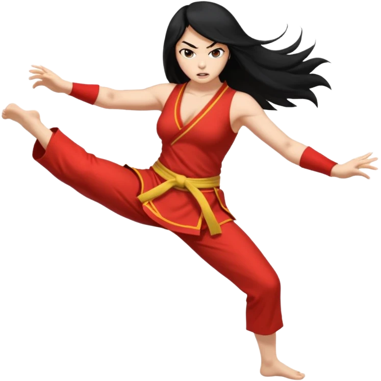 long black hair ((naked ))female big big boobs full body barefoot  ((black Thick pubic hair )) anger kung fu kicking No clothes emoji