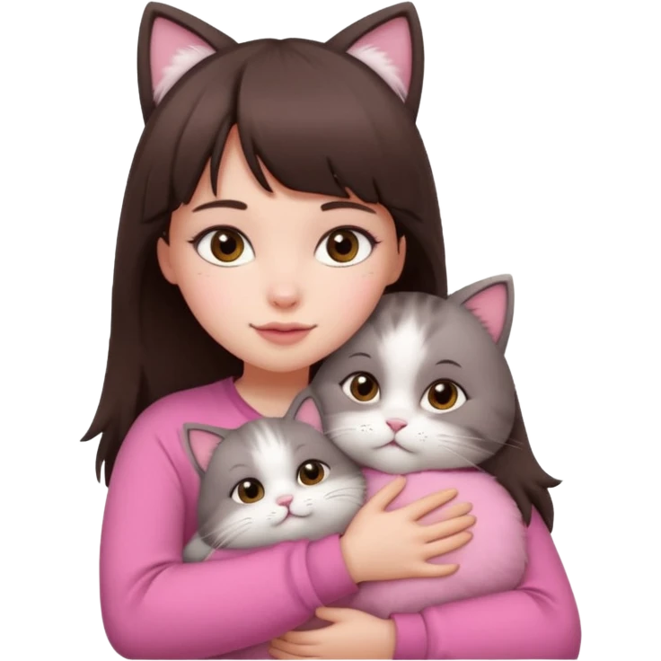 a cute white girl with bangs and straight dark brown hair, brown eye, light makeup wear a pink clothes hugs a cute chubby cat emoji