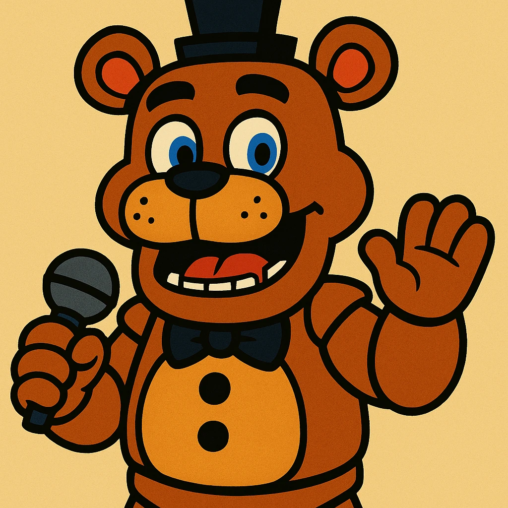 Freddy Fazbear from Five Nights at Freddy's, cartoon style, brown bear animatronic, black top hat, bow tie, simple background emoji