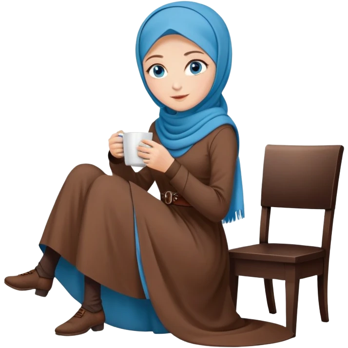Turkish beautiful finish Konya girl blue eyes with brown hijab long tail dress and sits on the chair on the ground and holds cup coffe with her hand  emoji