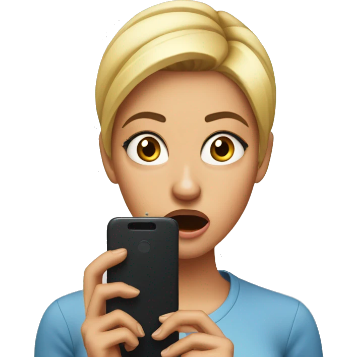 30 year old Woman looking at cell phone shocked emoji