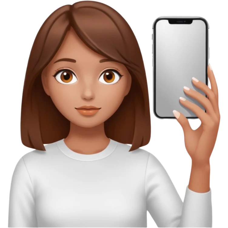 aesthetic clean girl with brown hair, white but fake tanned slightly orange skin, no face visible, holding phone taking a mirror selfie, minimal and stylish emoji