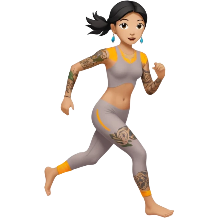 sexy nude asian girl with slightly tan skin, tattoes and earrings running, nude feet emoji