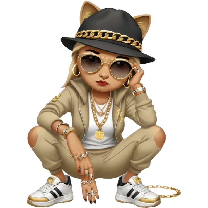 female cat wearing Run DMC hip-hop outfit with tracksuit, fedora, Adidas sneakers, dark sunglasses, many gold chains, rings, bracelets, flashy earrings, fallen down with distressed expression emoji