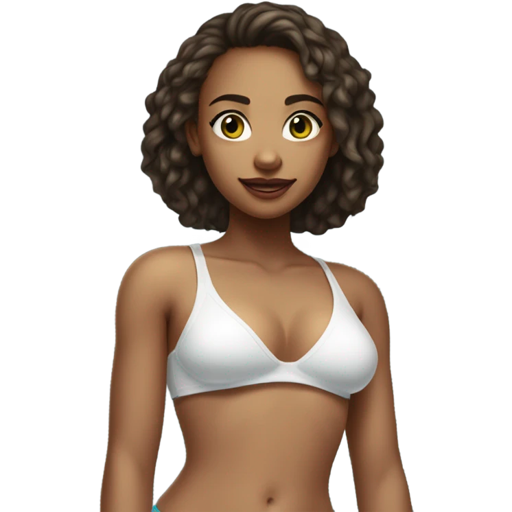 young woman with a white T-shirt with a blue green R on it and a white bikini bottom. She’s about 25 years old and gorgeous. emoji