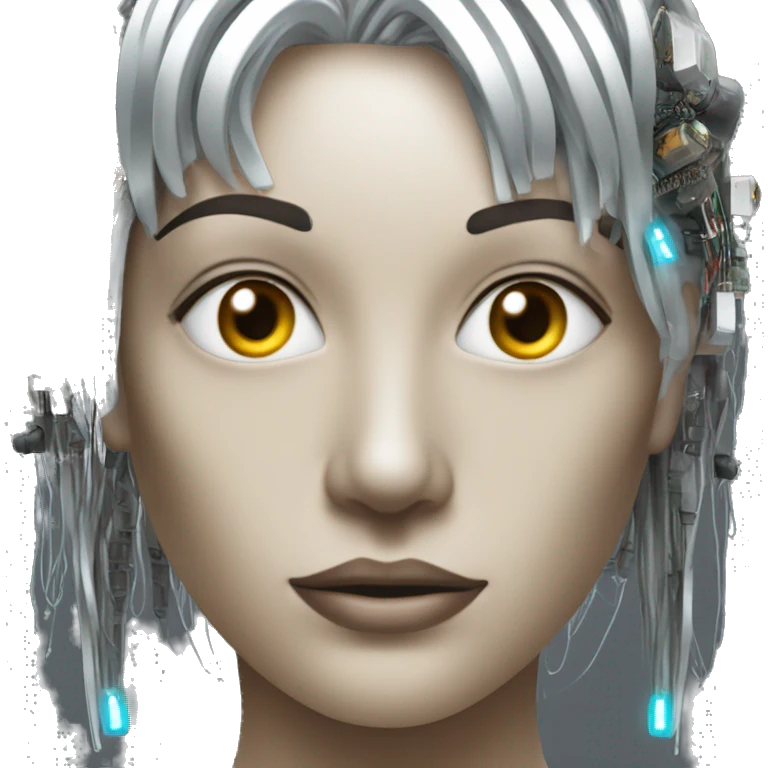 Silver hair female cyborg head with mask and circuits emoji