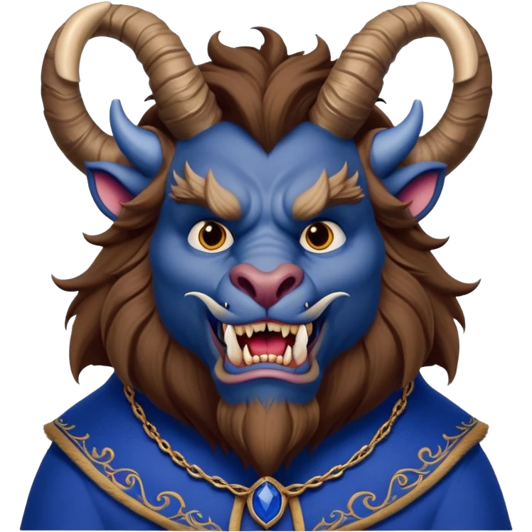 Beast from Beauty and the Beast with a human-like mouth and lips, but still with horns, fur, and beastly features wearing royal blue clothes emoji