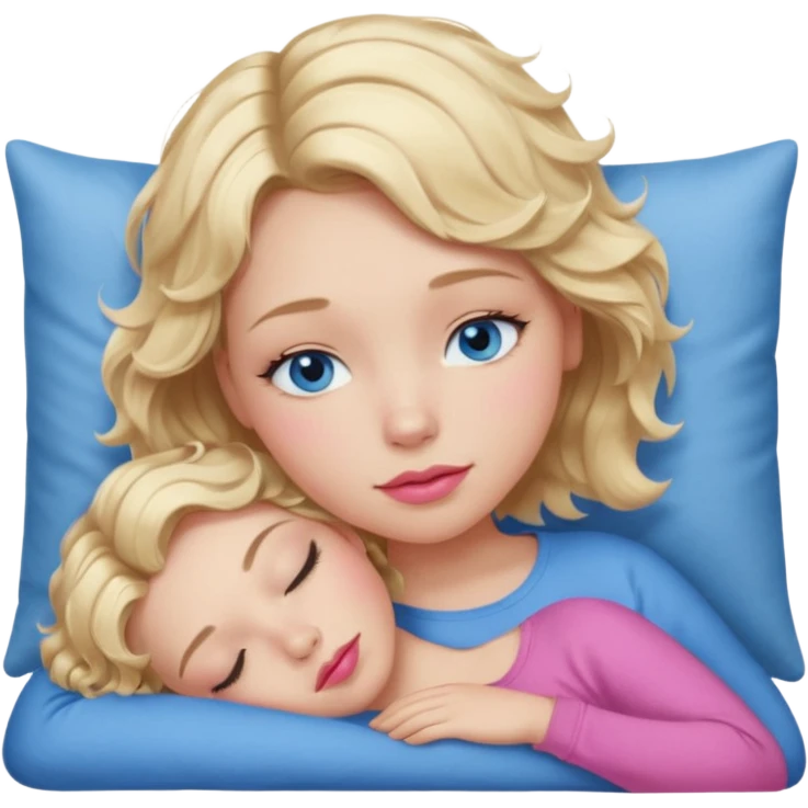 Girl Blonde short wavy hair,  blue eyes, cute blue top, long lashes, pink lips, sleeping emoji