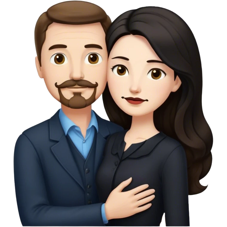 middle aged couple, tall white man with brown hair goatee mustache hugging a pale woman with long black hair, wearing elegant clothing emoji