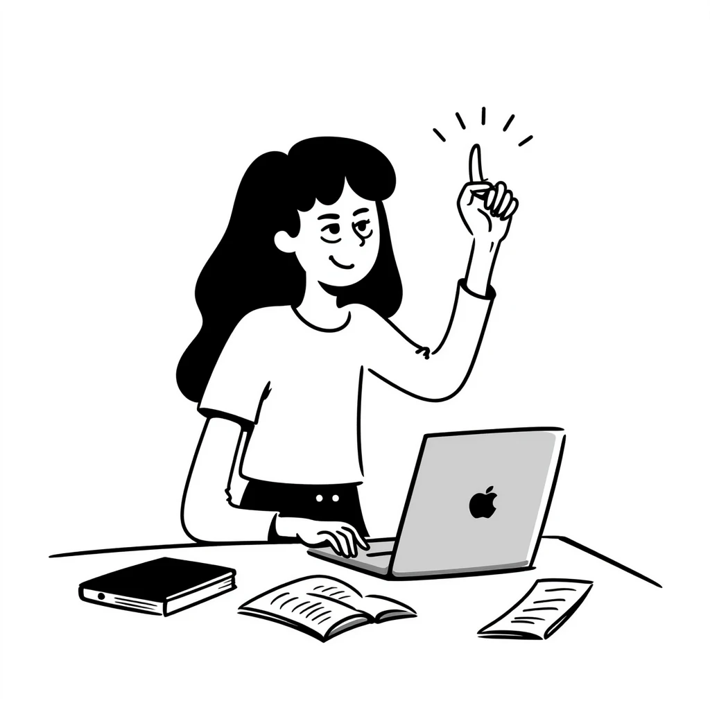 A smiling musician sitting at a desk with a laptop, raising hand during class emoji
