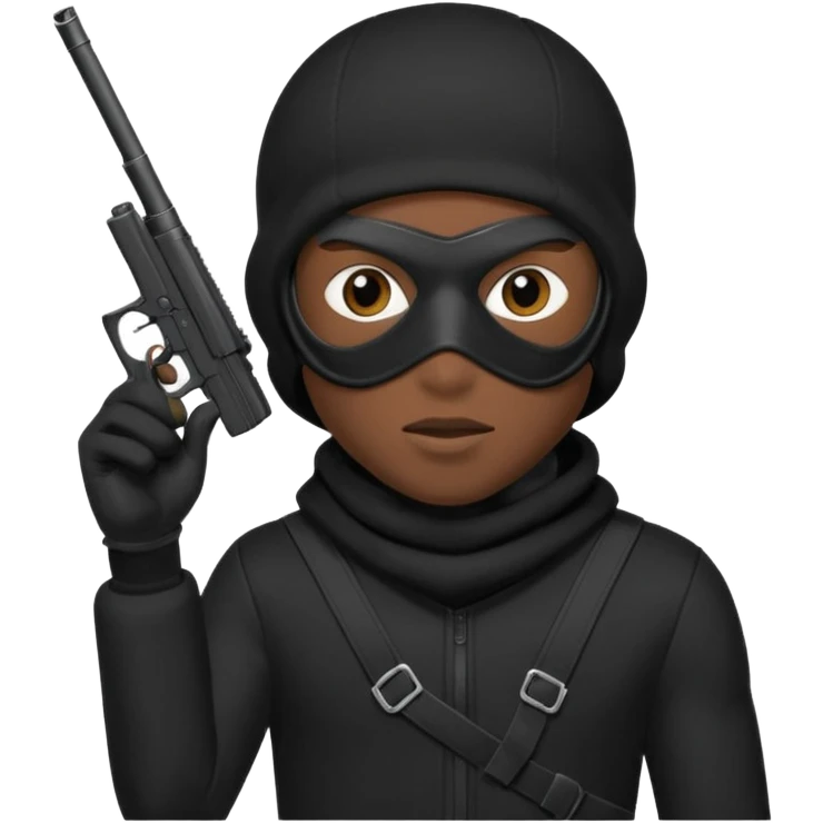 A young African male wearing a ski mask in full black clothing, holding a micro Draco gun in the air carelessly emoji