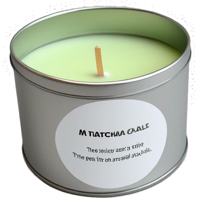 realistic, lit matcha scented candle, silver tin, small plain white label with black text emoji
