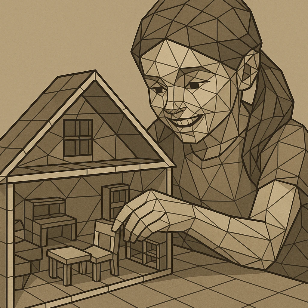 smiling girl arranging furniture in doll house emoji