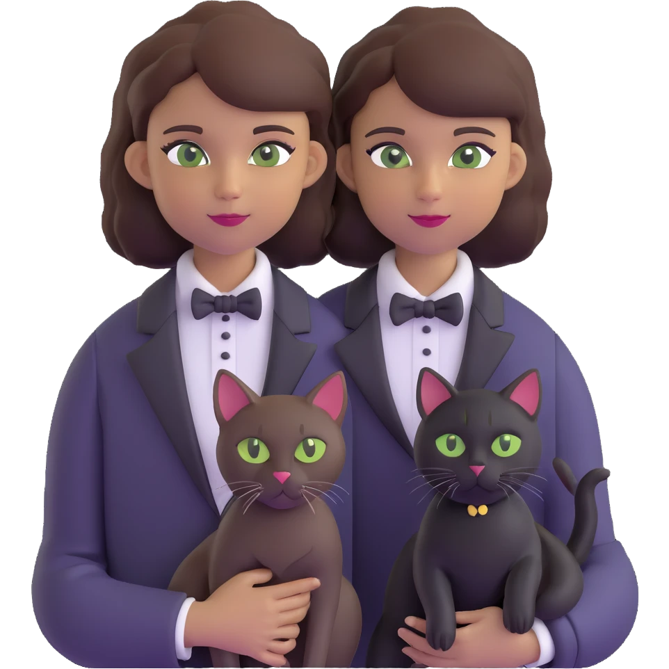 brown haired girl with light tan skin and brown eyes holding a black Bombay cat with green eyes and a black and white Tuxedo cat with hazel eyes emoji