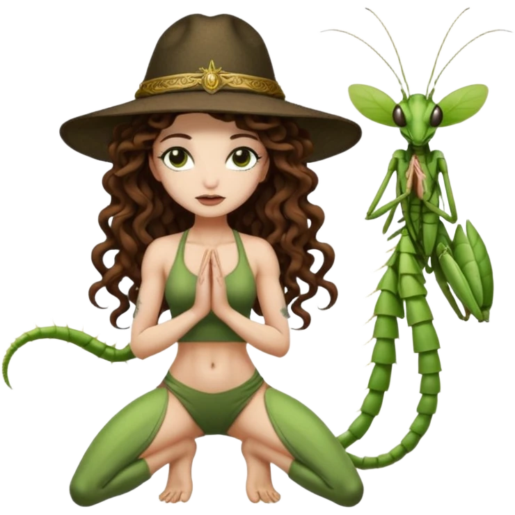 full body woman long curly brown hair brown eyes white skin tattoos muscular build praying mantis hat couture emoji