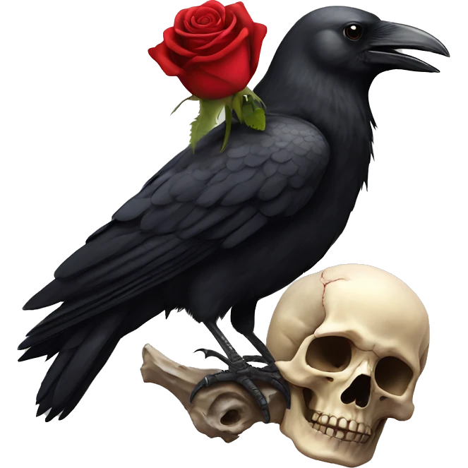 Crow standing on human skull holding rose in its beak emoji