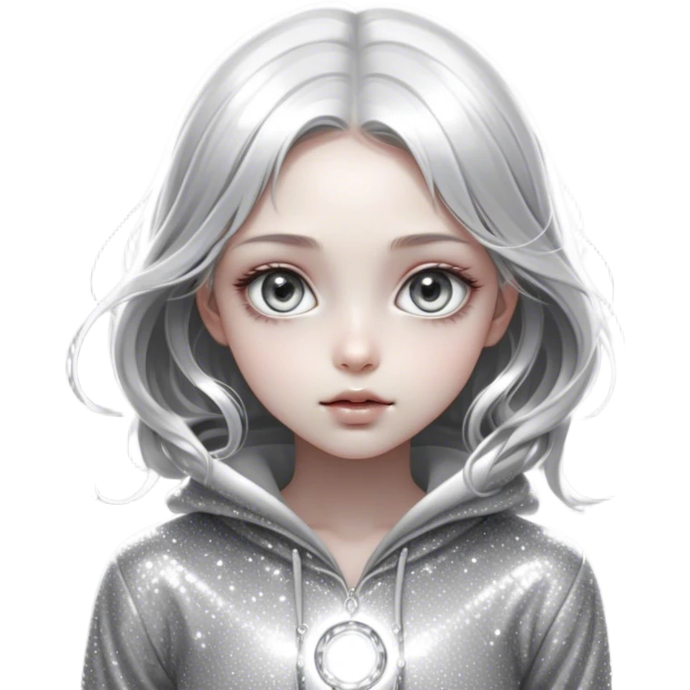 Cinematic girl with large sparkling eyes, Ultra realistic 32k HD, Breathtaking piece of art, rim lighting, hauntingly beautiful art, mostly greyscale, Balanced features, highly detailed digital artwork, glowing with silver light, glowing, high shine, deviant adoptable, highly detailed clothing, remembrance, a painting of white silver, fanciful, enchanting, ghostly, embodying the essence of both reality and fantasy, dreamy, dreamy glow, optical illusion, immaculate composition, complex pose, air composition. The image is so lifelike that it feels as though it could leap off the canvas at any moment emoji