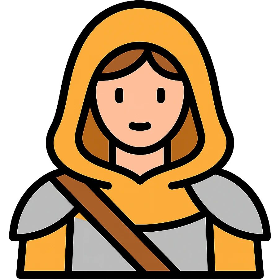 medieval hooded explorer with brown hair, no beard, wearing light armor, chest up view emoji