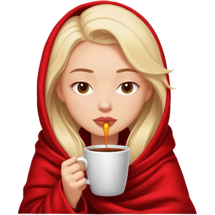 girl inside a red bulgary blanket sipping coffee eyes closed emoji