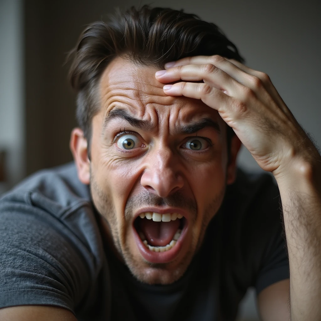 Hyperrealistic 4K image of a man simulating pain to attract attention, exaggerated theatrical expression, hand on forehead, eyes looking at the viewer, domestic environment, highly detailed. emoji