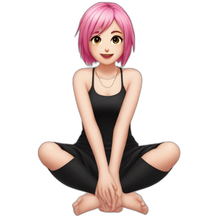 Full body Front view curvy emo girl pink hair sits on the floor straight view hands up black skirt полосатые рваные чулки emoji