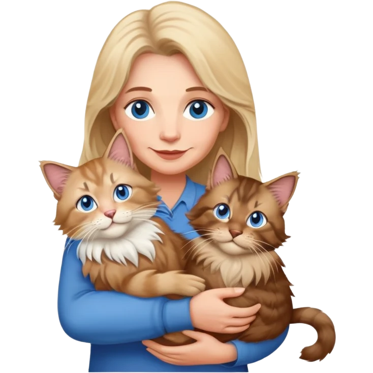 A blonde blue eyed older woman holds a brown Maine Coon cat in her arms emoji