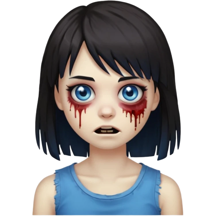zombie emoji 🧟‍♀️ dark hair long her shoulders bangs emo and ragged haircut blue eyes emoji