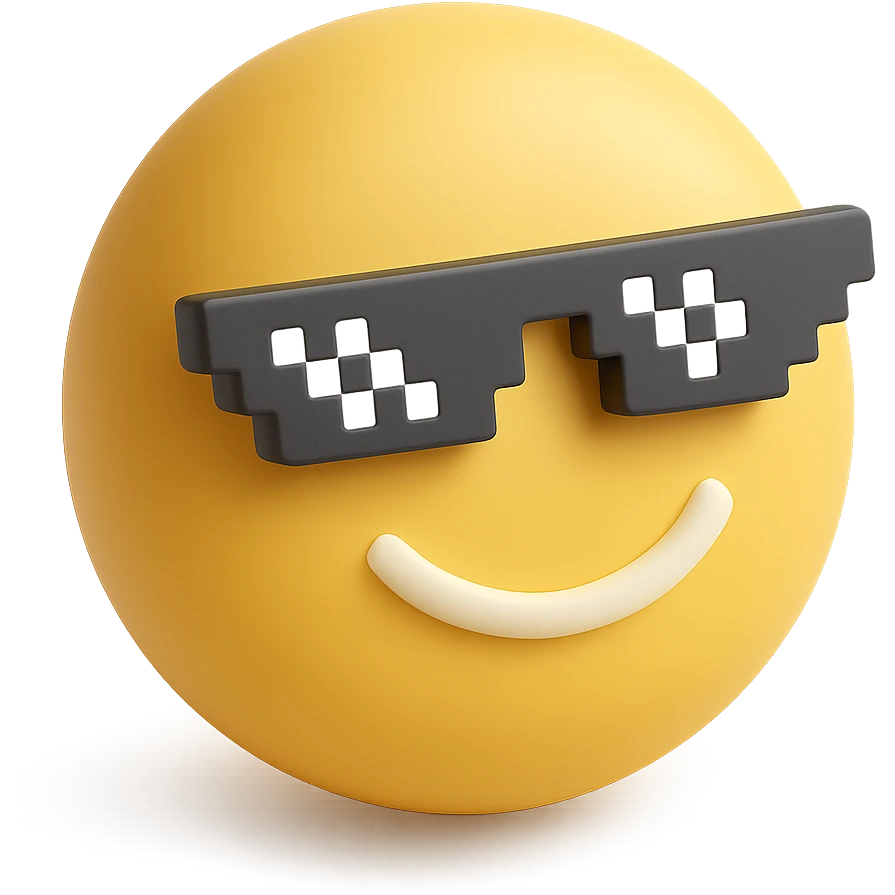 3d yellow emoji circle face with meme glasses, cool attitude emoji