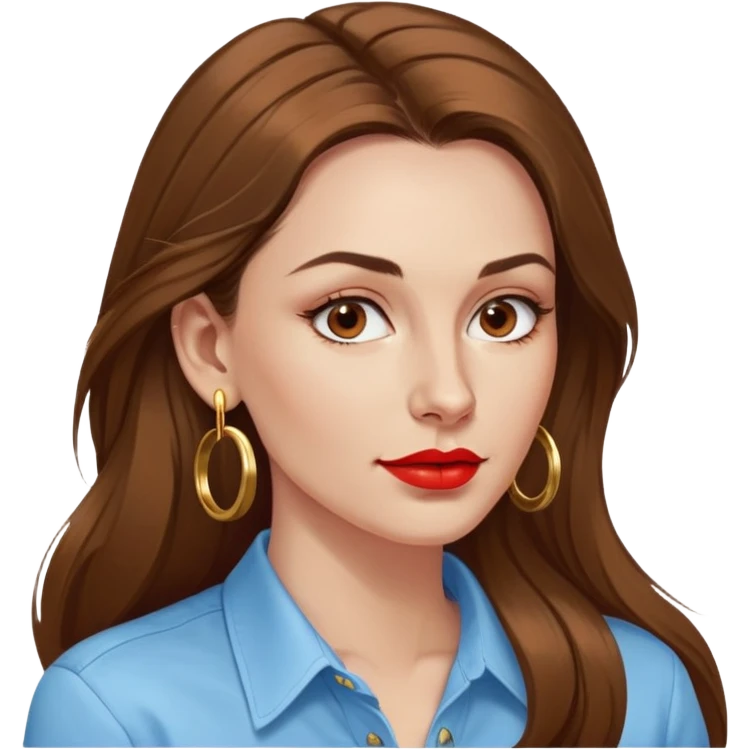 Beautiful croatian woman in her mid 30s with long brown hair red lips gold mid size hoop earrings noise cancelling earbuds in light blue mens shirt emoji