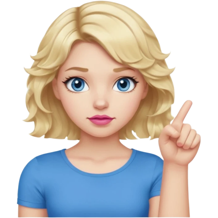 Girl Blonde short wavy hair,  blue eyes, cute blue top, long lashes, pink lips, showing thumbs down 👎  emoji